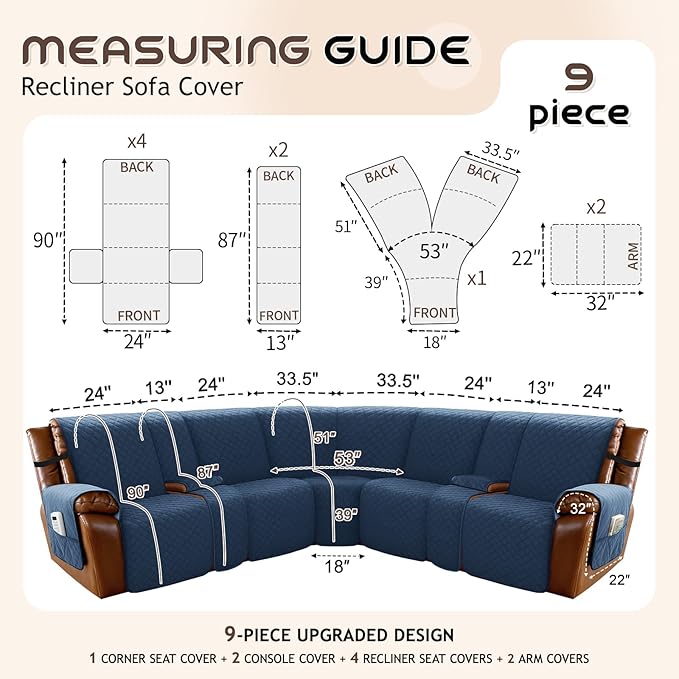 Arfntevss Waterproof Recliner Sectional Couch Covers for Reclining L Shape Sofa Cover Non Slip Washable L Shaped Slipcover Sets for Dog Furniture Protector (5 Seat with 2 Console Cover, Dark Blue) - Image 5