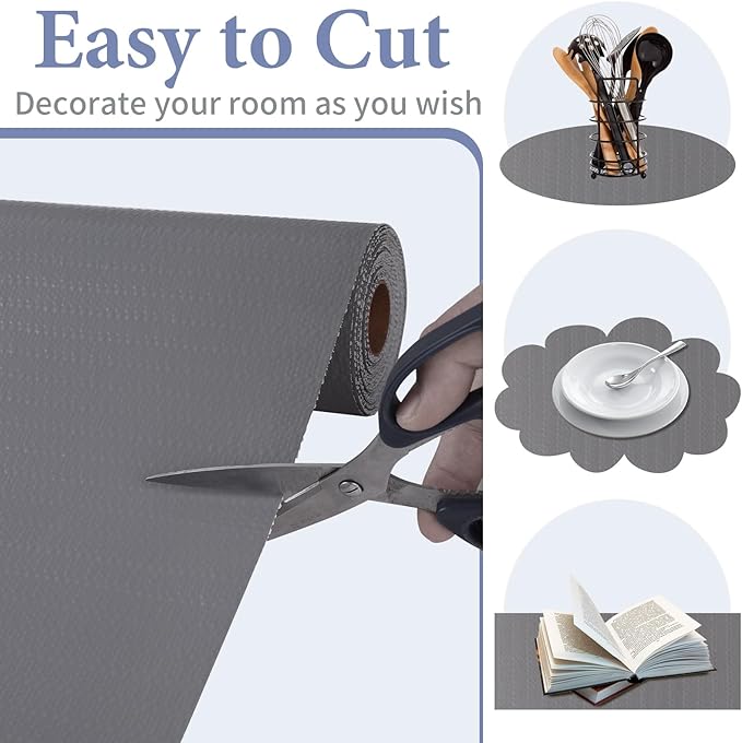 Drawer and Shelf Liner for Kitchen Cabinet: 23in X 20 Ft Non Slip Waterproof Shelf Paper Non Adhesive Refrigerator Liners Gray Easy Liners for Bathroom Cupboard with Knife Tape Measure - Image 4