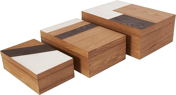 Deco 79 Wooden Geometric Decorative Box Decorative Keepsake Boxes with Cream and Dark Brown Stripes, Set of 3 Storage Boxes 14", 12", 10"W, Brown by Deco79
