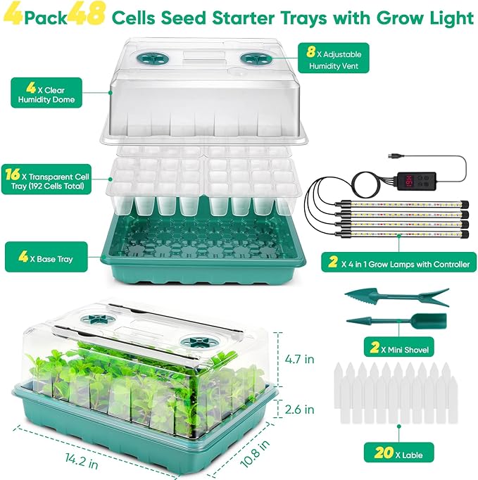 192 Cells Seed Starter Tray with Grow Light, Seed Starter Kit with Adjustable Humidity Dome, Seed Starting Trays Plant Starter Kit for Seeds Growing Starting, Indoor Gardening, Greenhouse - Image 3