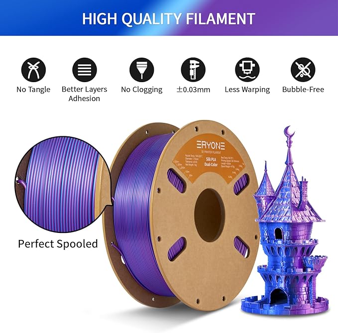 ERYONE Silk Dual Color PLA Filament 3D Printer 1.75mm +/- 0.03mm, Bicolor Filament Two Tone PLA 1KG(2.2lbs) Cardboard Spool, Purple Blue - Image 5
