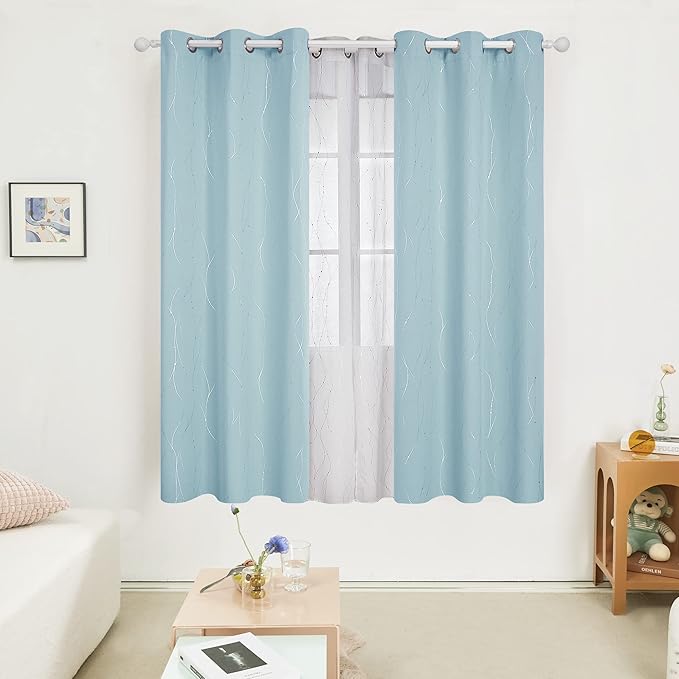 Deconovo Blackout Curtains, Thermal Insulated Soundproof Grommet Drapes, Wave Dot Foil Print, 42 x 72 Inch, Set of 2, Machine Washable Window Panel for Bedroom Living Room Nursery Kitchen, Light Blue - Image 2