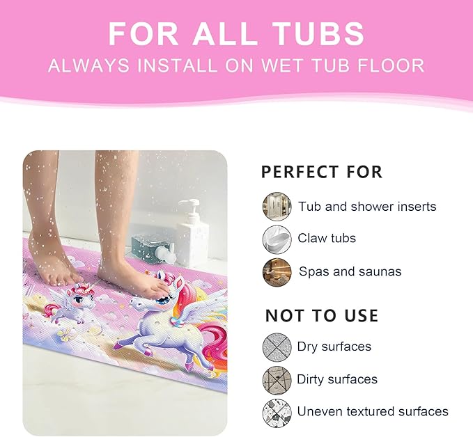 XIYUNTE Baby Bath Mat for Tub Non Slip Kids Bath Mat - 40''x16'' Extra Long Cartoon Bathtub Mat Non Slip Kids Shower Mat Eco-Friendly Toddler Bath Mats with Suction Cups, Machine Washable, Unicorn - Image 7