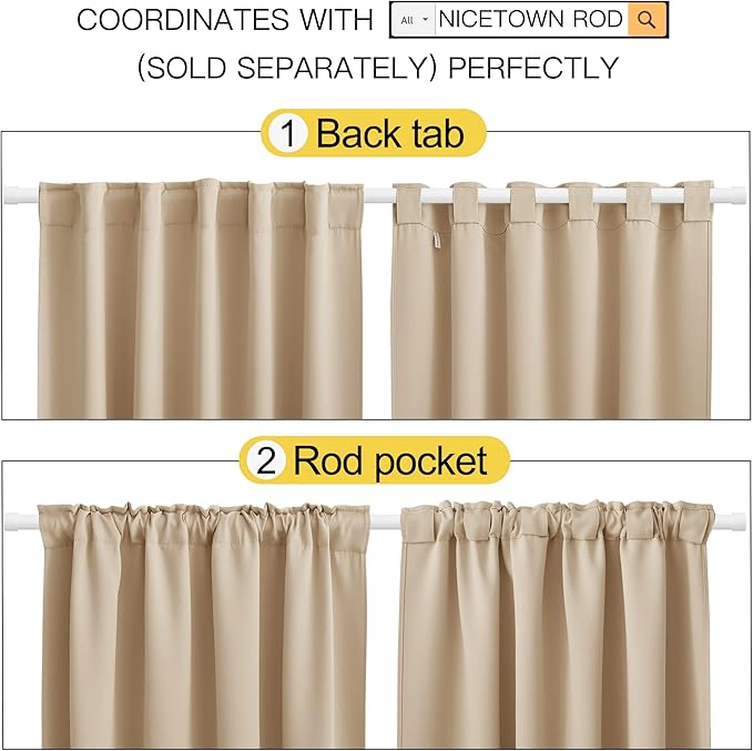 NICETOWN Window Treatment Room Darkening Curtains - (Biscotti Beige Color) 34 Width X 84 Length, 1 Pair, Solid Thermal Insulated Blackout Rod Pocket & Back Tab Curtains and Drapes for Bedroom - Image 3