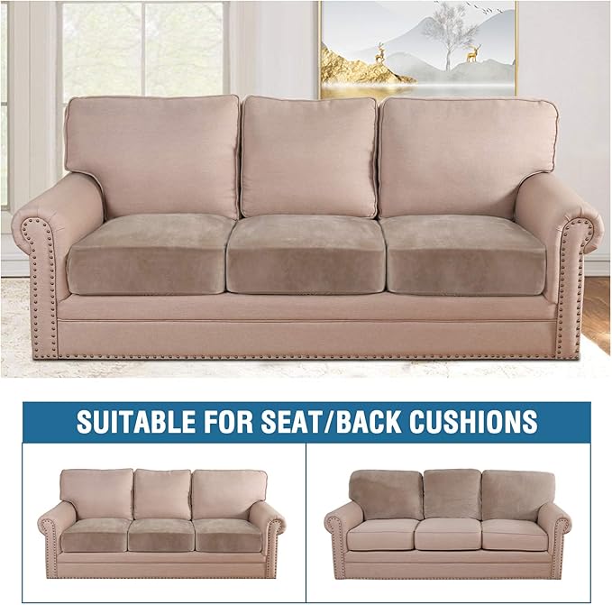 H.VERSAILTEX Velvet Stretch Couch Cushion Cover Plush Cushion Slipcover for Chair Loveseat Sofa Cushion Furniture Protector Seat Cushion Sofa Cover (3 Piece Sofa Cushion Covers, Taupe) - Image 3
