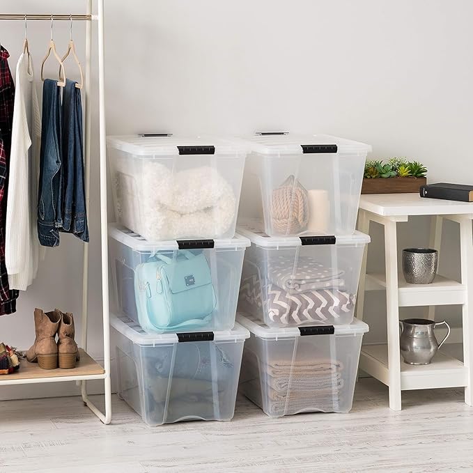 IRIS USA 54 Qt Stackable Plastic Storage Bins with Lids, 6 Pack - BPA-Free, Made in USA - See-Through Organizing Solution, Latches, Durable Nestable Containers, Secure Pull Handle - Clear - Image 5