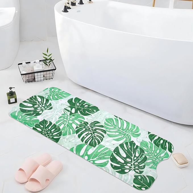 Tropical Leaves Bathtub Mat Non Slip, Boho Bath Tub Mat Baby Bath Mats for Bathroom Anti Slip Shower Mats for Inside Shower, Green Plants Bathmat with Suction and Drain Holes Machine Washable, 40″x16″ - Image 7