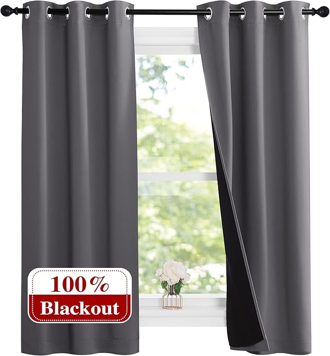 NICETOWN 100% Blackout Short Curtains with Black Liners, Solid Thermal Insulated Full Blackout 2-Layer Lined Drapes, Energy Efficiency Window Draperies for Bedroom (2 Panels, 37" W by 63" L, Grey) by NICETOWN