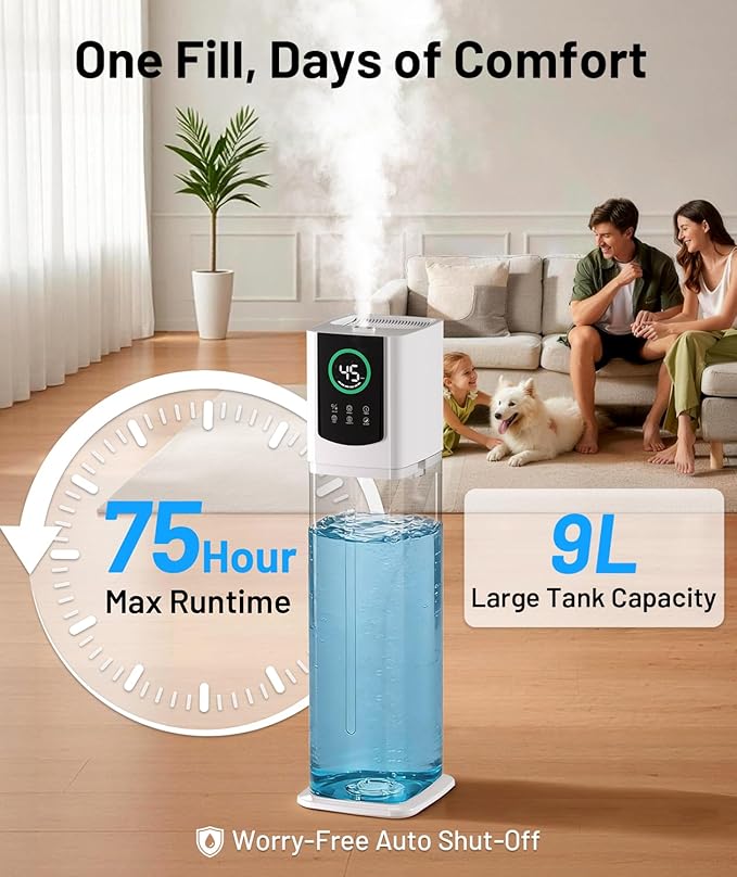 AreShark 2.4 Gal/9L Humidifier for Bedroom, Large Room 500ft², Cool Mist Air Humidifiers with 75H Runtime, Humidity Setting, Easy to Clean, Top Fill, 30dB Quiet, for Plants, Adults, Nursery, Kids - Image 2
