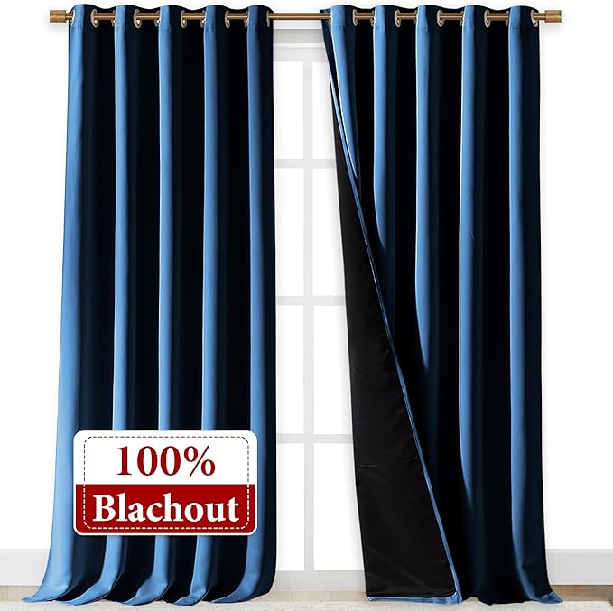 NICETOWN 100% Blackout Blinds, Laundry Room Decor Window Treatment Curtains for Large Patio Sliding Door, Thermal Insulated Moroccan Blue Curtains for Bedroom, Set of 2, 70 inches x 108 inches - Image 2