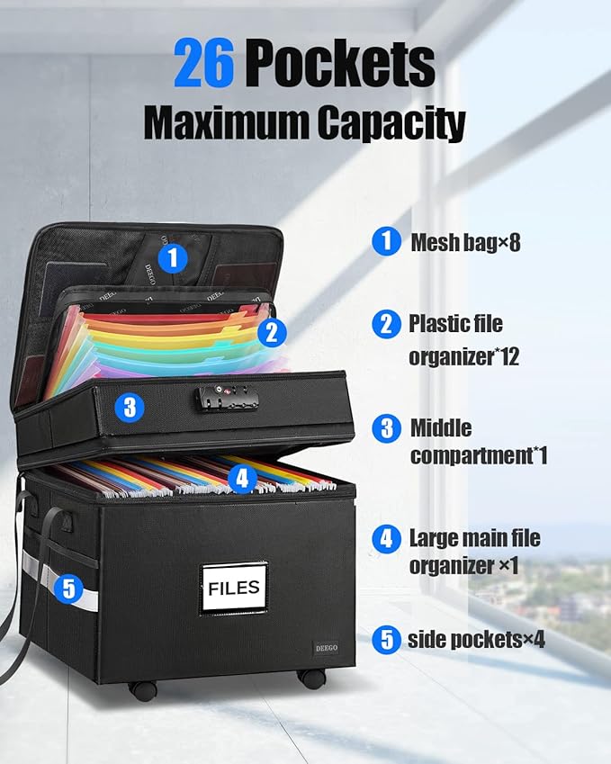 DEEGO Rolling File Box, Fireproof Document Box with Wheels Multi-Layer Water-Resistant File Organizer Portable file Cabinet Document Safe filing box for Home Office for Hanging Letter/Legal Folder - Image 4