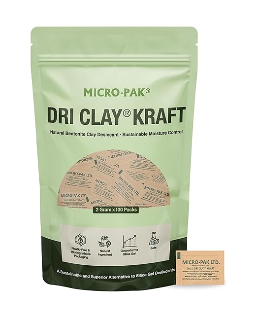 Micro-Pak Dri Clay Kraft, Highest Moisture Absorption Desiccant Packs, Silica Gel Packets Alternative, Food Safe Bentonite Clay, Desiccant Packs for Storage, Moisture Absorbers for Closet, 2gx100pcs by Micro-Pak