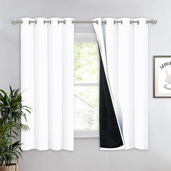 NICETOWN White 100% Blackout Lined Curtain, 2 Thick Layers Completely Blackout Window Treatment Thermal Insulated Drape for Kitchen/Bedroom (1 PC, 52 inches Width x 63 inches Length Each Panel) by NICETOWN