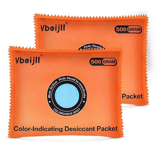 500 Gram (2 Pack) Color-Indicating Desiccant Packs for Storage, Rechargeable Silica Gel Packets, Dehumidifier for Cars, Gun Safe, 3D Filaments, Safe, Electronics by Vbeijll