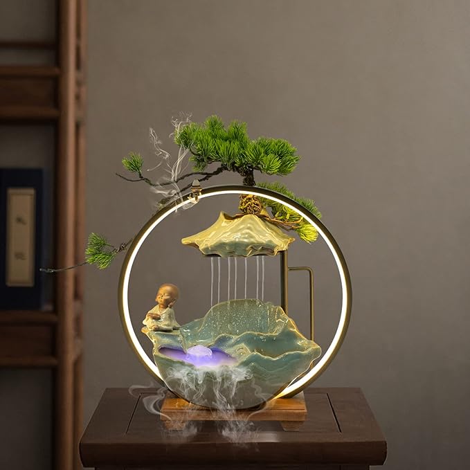 16In Bonsai Tree Statue Water Fountains Indoor Tabletop Waterfall Humidifier with LED Light and Atomizer Mist, Japanese Zen Decor Meditation Fake Plants Bonsai Feng Shui Decor Festival Birthday Gift - Image 9