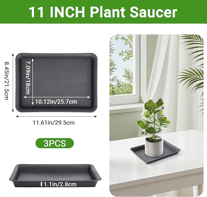 GREANER 3 Packs Plant Tray, 11 Inch Black Seed Starter Tray Rectangular, Heavy Sturdy Plant Saucer for Outdoors and Indoors Use - Image 2