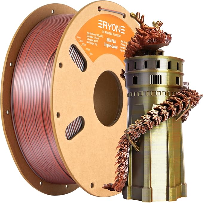 ERYONE Silk Tri Color PLA Filament 3D Printer 1.75mm +/- 0.03mm, Multicolor Filament Tricolor PLA 1KG(2.2lbs) Cardboard Spool, Gold Silver Copper by ERYONE