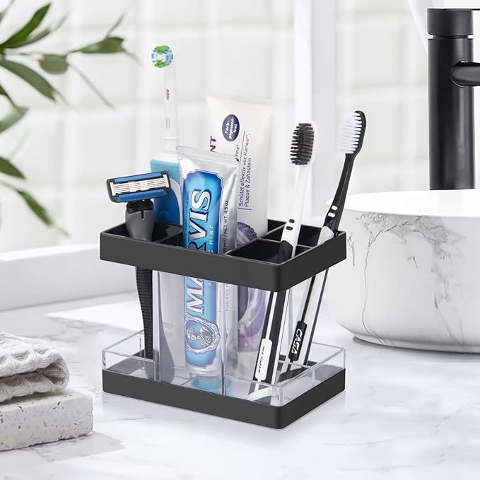 Toothbrush Holders for Bathrooms Countertop Organizer - Electric Toothbrush Holder Set, 5 Slots Toothbrush and Toothpaste Holder, Makeup Brush Storage Caddy for Family Kids (Black) - Image 2