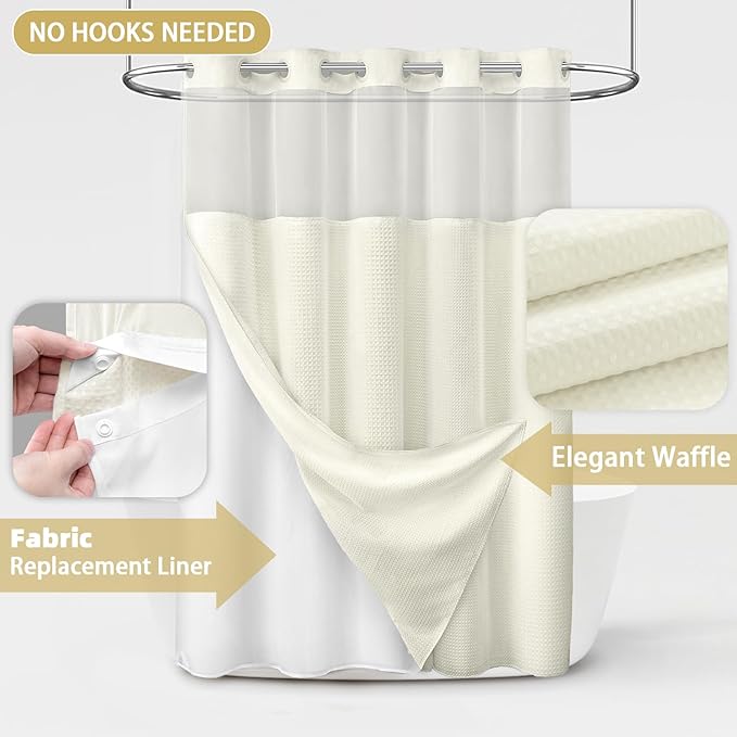 No Hook Shower Curtain and Liner Set,Cream Hotel Waffle Shower Curtain with Liner 75" L x 72" W - Image 3