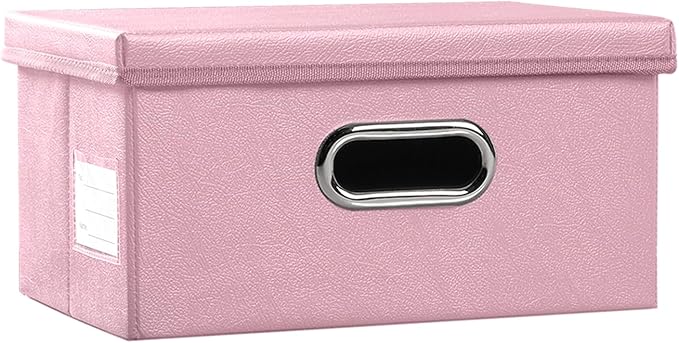 PRANDOM Collapsible Storage Box with Lid [1-Pack] Leather Fabric Foldable Storage Bin Organizer Container Basket Cube with Cover for Home Bedroom Closet Office Nursery Pink (13.6x9.6x6.9) by Prandom