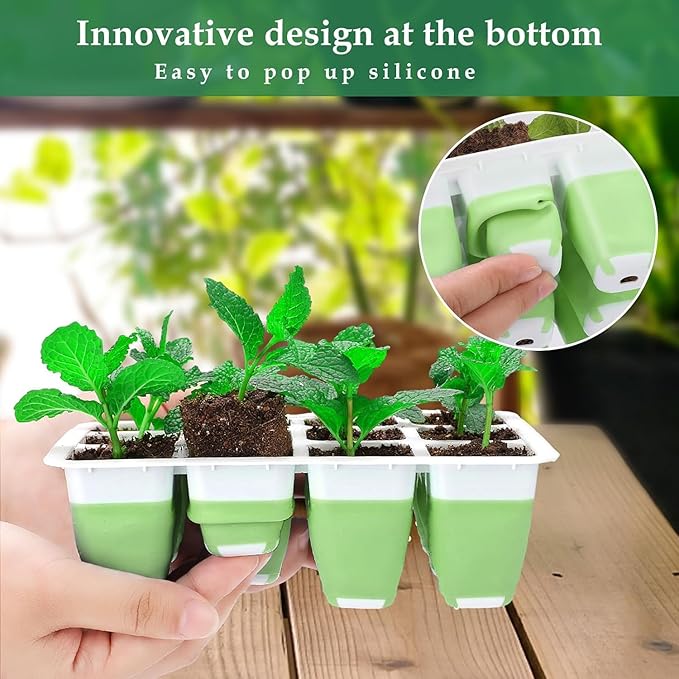 Seed Starter Tray with Grow Light, 48 Cells Indoor Seed Starter Kit, Flexible Silicone Seedling Starter Trays, Germination Tray Kit with Humidity Dome & Lids(4in Height), Reusable & Dishwasher Safe - Image 2