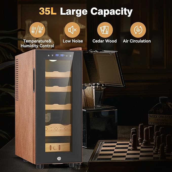 Electric Cooler Cabinet 35L with Temperature and Humidity Control, Leather Finish, Spanish Cedar Wood Shelves and Safety Lock (300 Counts Capacity), Gift for Men - Image 4