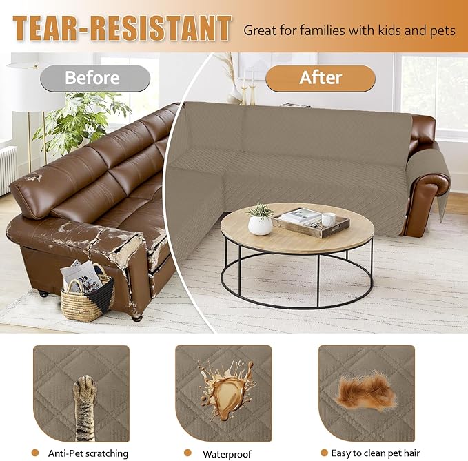 Arfntevss Waterproof Sectional Couch Covers L Shape Washable Velvet Sofa Cover for Sectional Non Slip Large Corner Slipcovers Dog 6 Pcs Universal U Shaped Furniture Protector (Camel, X-Large) - Image 7