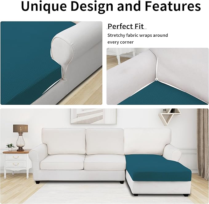 Easy-Going Stretch Sectional Couch Covers 1 Piece Chaise Lounge Slipcover L Shape Separate Cushion Couch Seat Chaise Cover for Both Left/Right Sectional Couch Peacock Blue - Image 3
