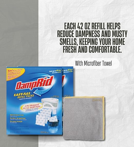 DampRid Easy Fill Moisture Absorber Refill No Scent 42 oz 2x Bundle with Microfiber Towel – Humidity Absorber for Storage, Closets & Bathrooms – Gift Set (3 Items) - Image 4