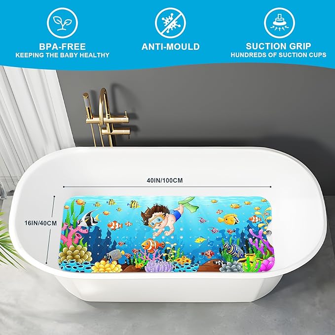 XIYUNTE Baby Bath Mat for Tub Non Slip Kids Bath Mat - 40''x16'' Extra Long Cartoon Bathtub Mat Non Slip Kids Shower Mat Eco-Friendly Toddler Bath Mats with Suction Cups, Machine Washable - Image 2