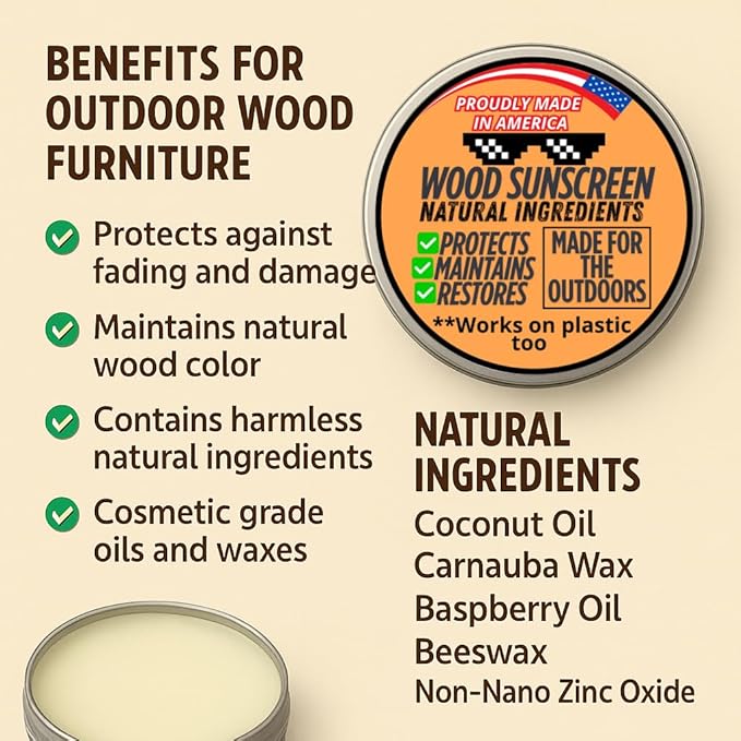 Wood Sunscreen Conditioner & UV Protectant Salve – USA Made Wood Outdoor Protector for Patio Furniture, Tables & Decks. Restores, Nourishes & Shields from Sun & Weather Damage. Long Lasting Protection - Image 3