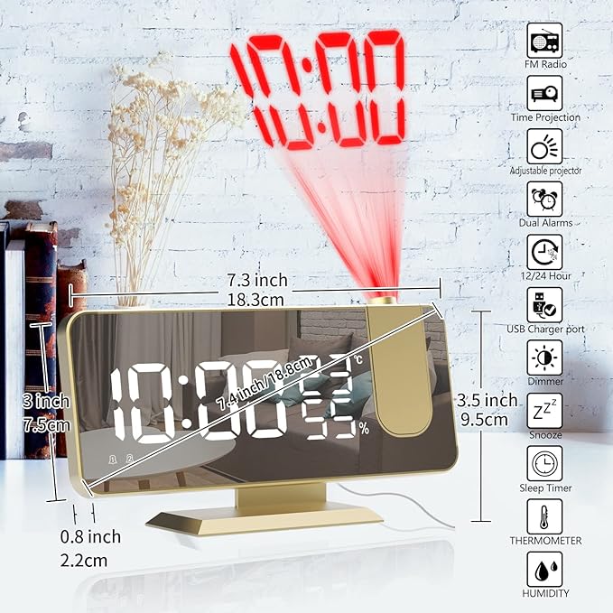 Projection Digital Alarm Clock for Bedrooms, Alarm Clock Radio on Ceiling, USB Charger Port, Temperature & Humidity Display, 7.3” Large Mirror LED Display,12/24H,Snooze,Dual Loud Clock- 4 Dimmer - Image 7