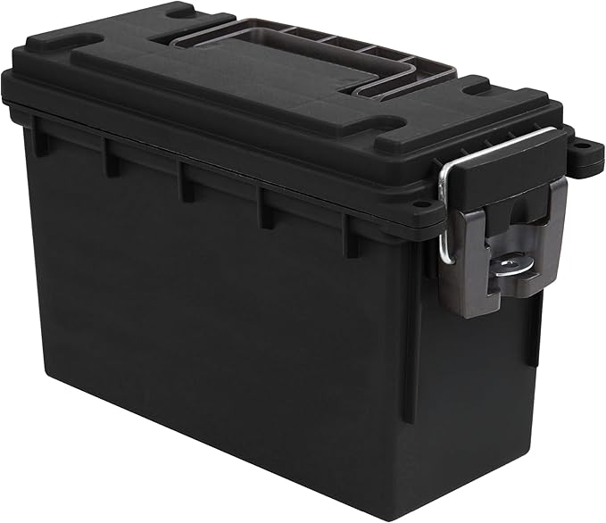 Sheffield 12629 Ammo Storage Box, Stackable .30 Cal Field Boxes, Water and Dust Resistant, Lockable Storage Box with Handle, Secures Hunting Gear, Supplies, and Bullets, Made in USA, Black, 1-Pack by Sheffield