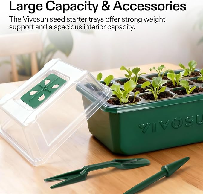 VIVOSUN 12-Pack Seed Starter Trays, 144-Cell Seed Starter Kit with Humidity Dome, Flat Reusable Plant Germination Trays with Drain Hole, Green Propagation Tray for Planting Seeds - Image 7