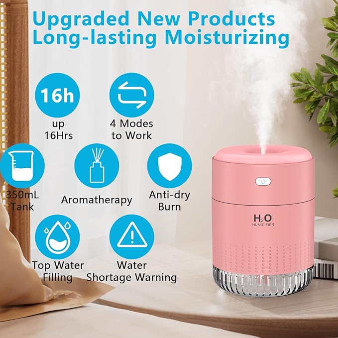 SZO Portable Mini Humidifier, 500ML USB Personal Cool Mist Humidifiers for Bedroom Office Travel Desk, Whisper Quiet 20dB with 2 Mist Modes & Auto Shut-Off, Small Desktop Humidifier(Pink) - Image 2
