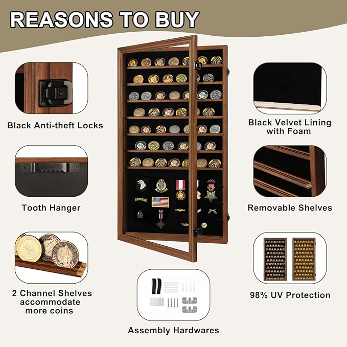 Jinchuan Military Challenge Coin Display Case Lockable Cabinet Rack Shadow Box with Removable 2 Grooves Shelves and Anti Fade Acrylic Glass for Casino Poker Chips Collectibles, Extra Large - Walnut - Image 5