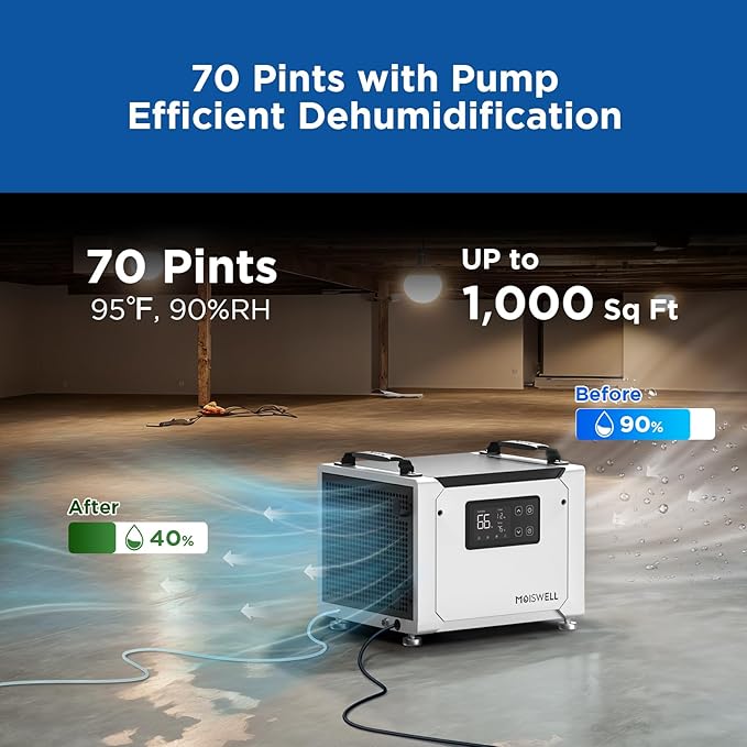 70 Pints Commercial Dehumidifier with Pump, Portable Crawl Space Dehumidifiers for Basement and Home, Energy Star Efficient Certified, Automatic Defrost - Image 2