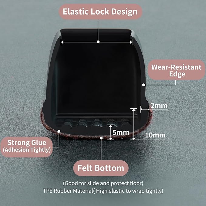 16PCS Square Chair Leg Floor Protectors, Felt Furniture Pads for Hardwood Floors, Black Silicone Chair Covers, Large Floor Protectors for Furniture Legs, No Scratches and Noise(Fit:1"-1.4") - Image 3