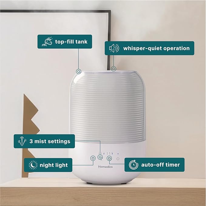 Homedics Ultrasonic Cool Mist Humidifier, Top-Fill 3L Water Tank, Covers 395 sq. ft, 35-Hour Runtime, 3 Mist Settings, Clean Tank Tech, Auto-Off, Night Light, Quiet - Image 3