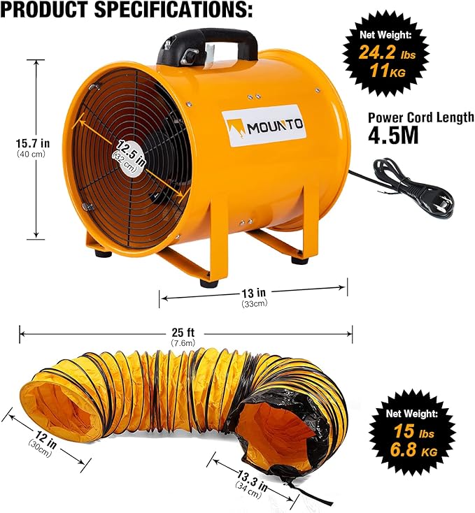 MOUNTO 12-Inch Heavy Duty Cylinder Axial Fan with 25-Foot Vinyl Hose | High-Performance Portable Blower/Exhaust Fan | 2900 CFM Directional Airflow for Crawl Spaces, Attics, Basements - Image 2