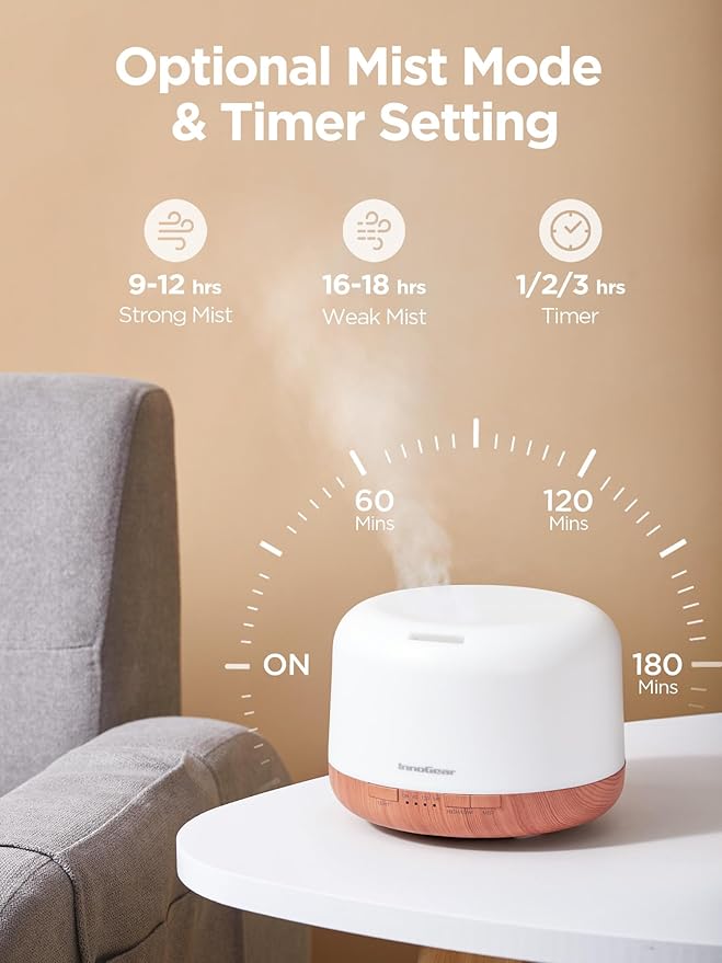 InnoGear 500ml Essential Oil Diffuser with Remote Control, Premium Ultrasonic Aromatherapy Diffusers Scent Humidifier Vaporizer Auto-Off Timer for Large Room Home, Yellow - Image 3