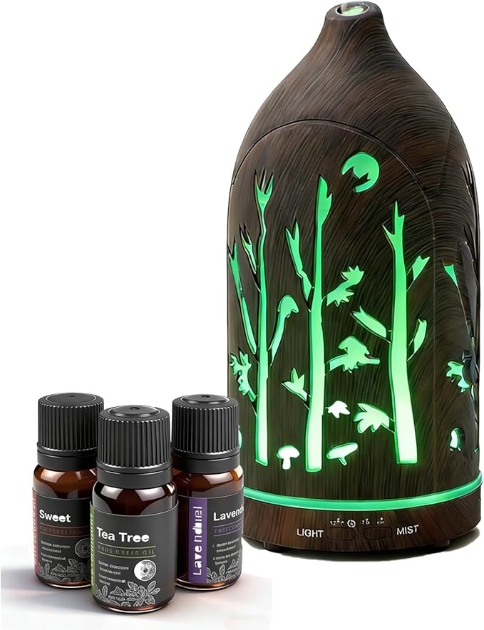 Essential Oil Diffuser,7.1''x3.5'' Air Diffusers with 3 Aromatherapy Oils Set,Small 200ml Humidifier with 7 LED Colors Lights,Waterless Auto-Off for Desk Office Home Decor Gift(Tree Dark Wood Grain) by Unknown