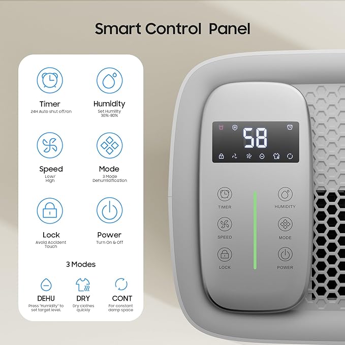 4500 Sq.Ft Energy Star Dehumidifier for Basement, ANDTE 52 Pints Home Dehumidifiers with Drain Hose & Tank for Large Room,Bathroom, Smart Humidity Control, Touch Control Panel, Auto Defrost - Image 4