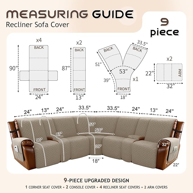 Arfntevss Waterproof Recliner Sectional Couch Covers for Reclining L Shape Sofa Cover Non Slip Washable L Shaped Slipcover Sets for Dog Furniture Protector (5 Seat with 2 Console Cover, Camel) - Image 5
