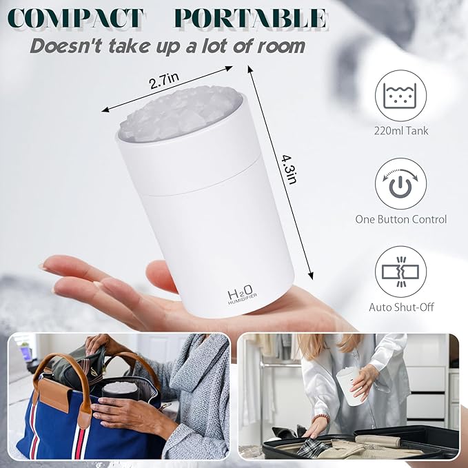 Portable Mist Humidifier Auto Shut-Off USB Powered 220ml Small Desktop Humidifiers with Colorful Light 2 Cool Spray Modes for Bedroom Office Car White - Image 2