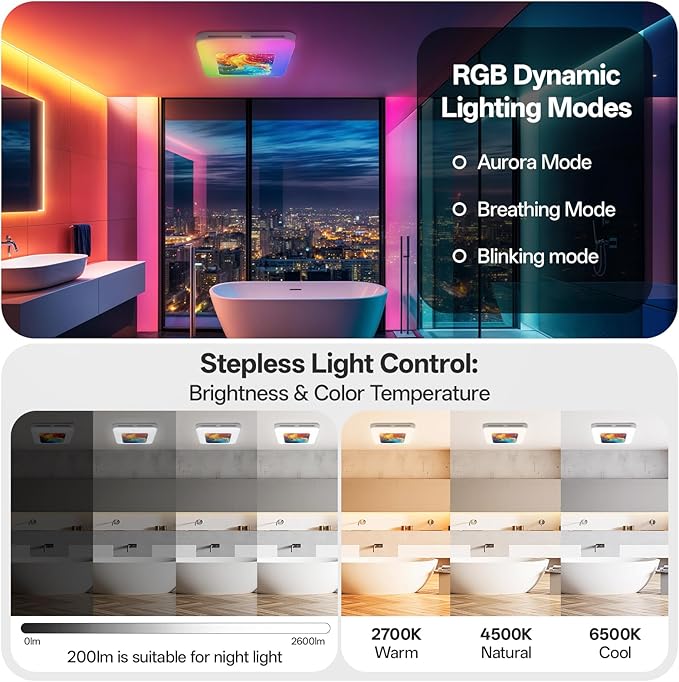 Bathroom Exhaust Fan with Light Humidity Sensor, Bathroom Fan with Humidity Sensor, 230 CFM 1.0 Sone Exhaust Fan, Venlitation Fan with 3CCT LED Light 7 LED Color, Remote Control Easy Install - Image 9