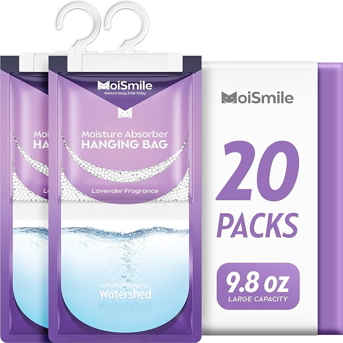 Moisture Absorbers 20 Pack Lavender Fragrance, Hanging Closet Dehumidifier Bags, Humidity Absorber, Compact Eliminates Odors Humidity Packs for Car, Bathroom, Bedroom, Basement, 9.8OZ by MoistureAbsorbers