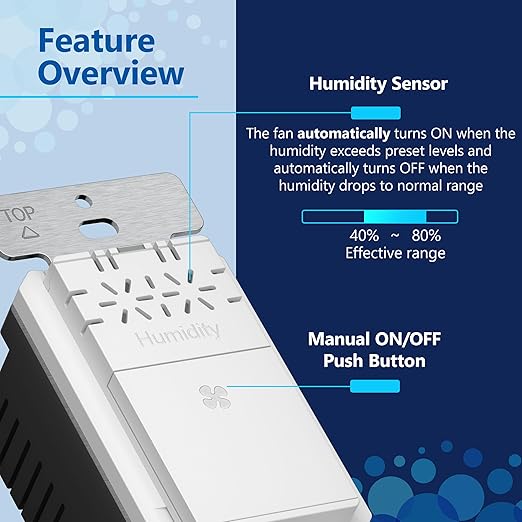 LIDER No Neutral Wire Required Humidity Sensor Switch, Automatic Humidity Detection, Air Circulator, Bathroom Fan Automated Control, Adjustable Timing, 1-Pole, UL Listed, White, Wall Plate Included - Image 4