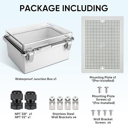 TICONN Outdoor Electrical Box Waterproof, Junction Box IP67 ABS Plastic Enclosure with Hinged Cover with Mounting Plate, Wall Brackets, Cable Glands (Clear, 8.7"x6.7"x4.3") - Image 5