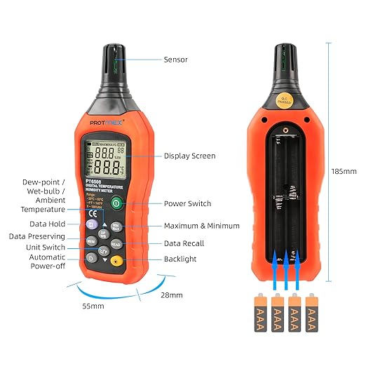 Protmex PT6508 Temperature Humidity Meter, Digital Thermometer Hygrometer Monitor with Ambient, Dew Point, Wet Bulb for Indoor/Outdoor MIN, MAX, Data Hold, LCD Backlight - Image 2